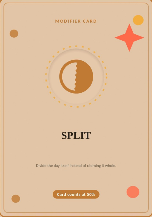 Split modifier card: divide the day itself instead of claiming it whole; card counts at 50%